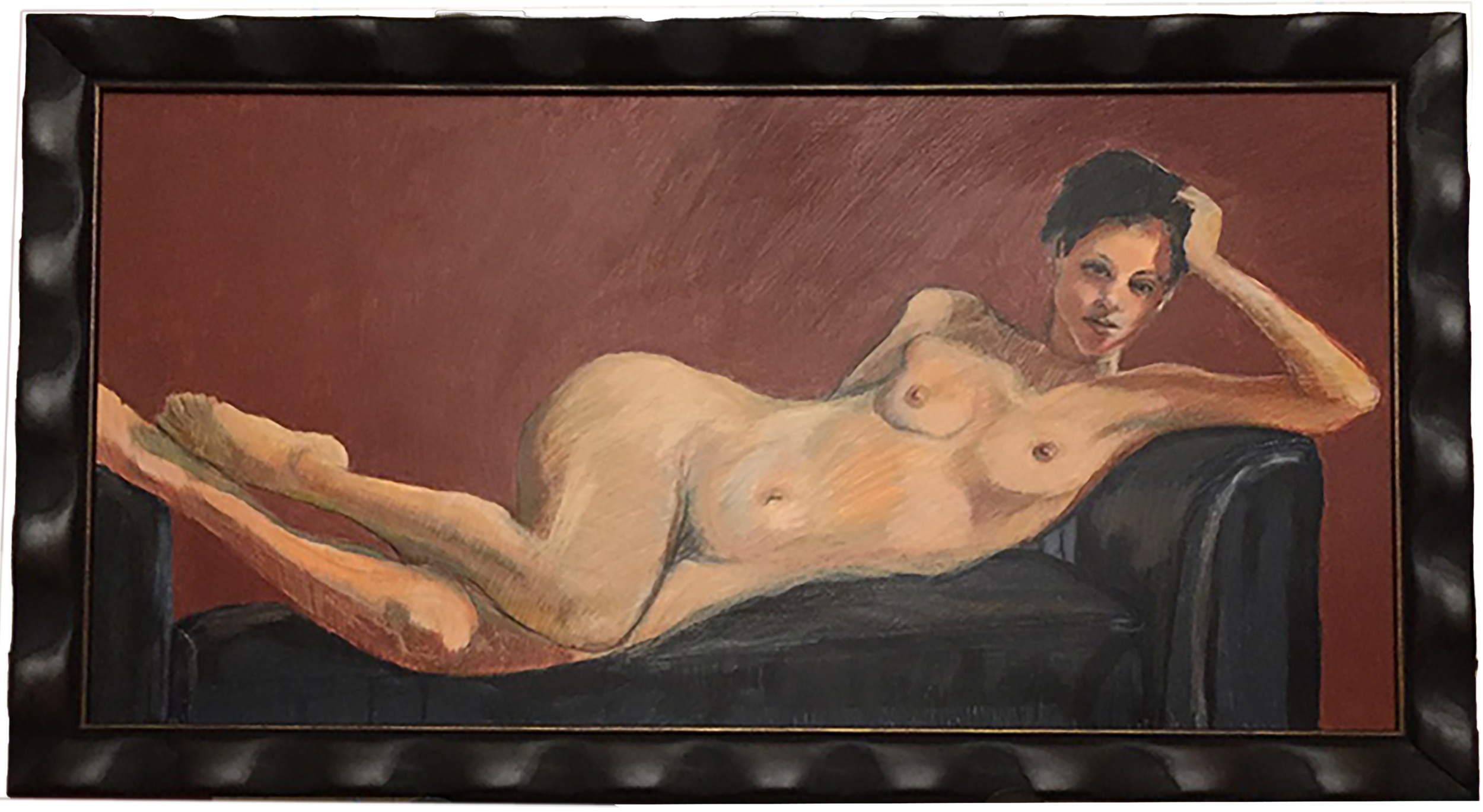 Reclining Nude on Black Leather Divan