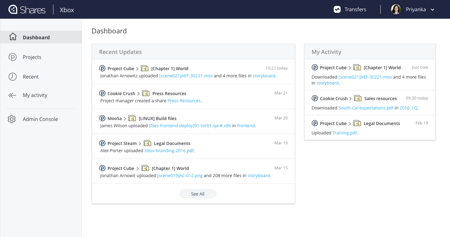Admin console menu on Shares main interface