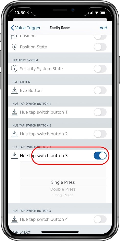 Screenshot of the Eve app showing the button trigger option.