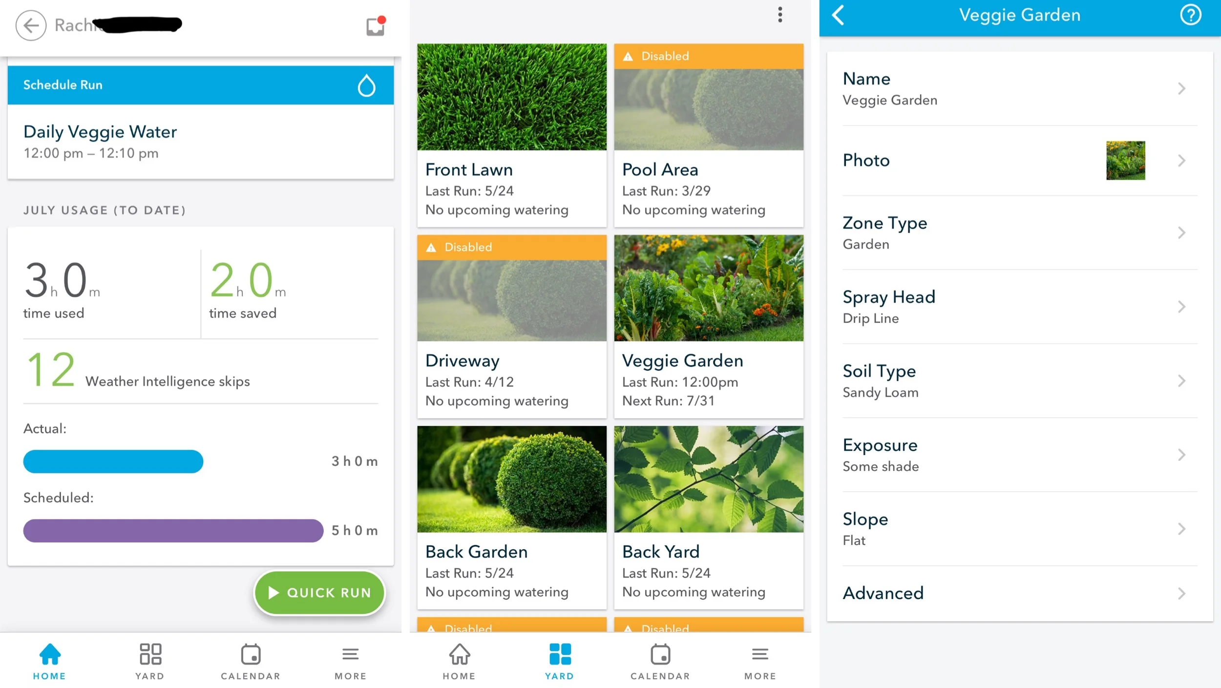 The Rachio App - Home, Yard, and Zone Settings pages