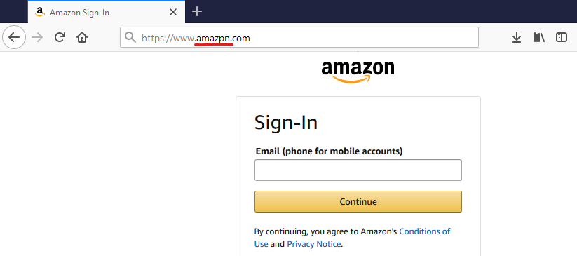 Spoofed Amazon login page