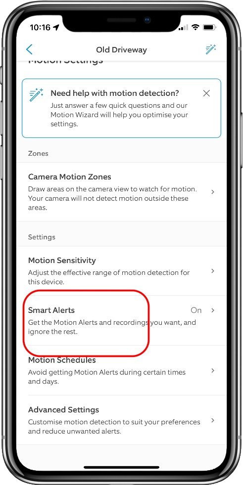 ring app screen showing the smart alerts option in the menu