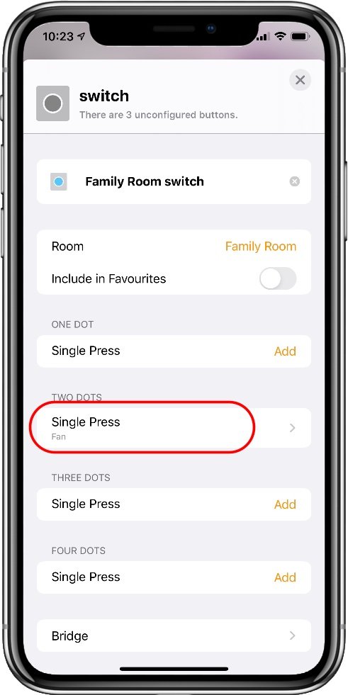 Screenshot of a button accessory in the Apple Home app.