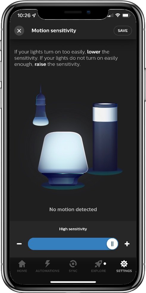Screenshot of the hue app showing motion sensitivity settings