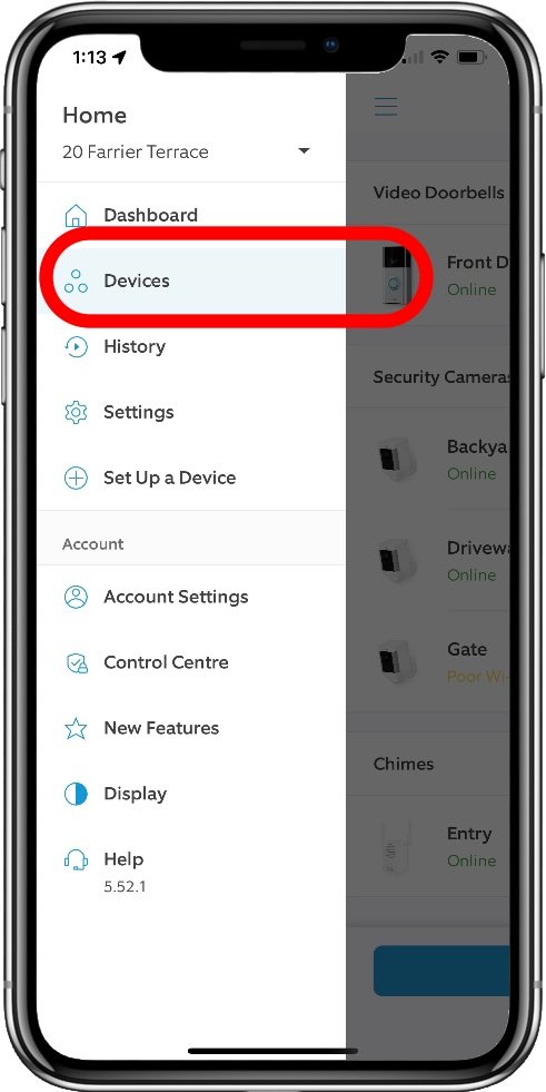 Where to find Devices in the Ring app
