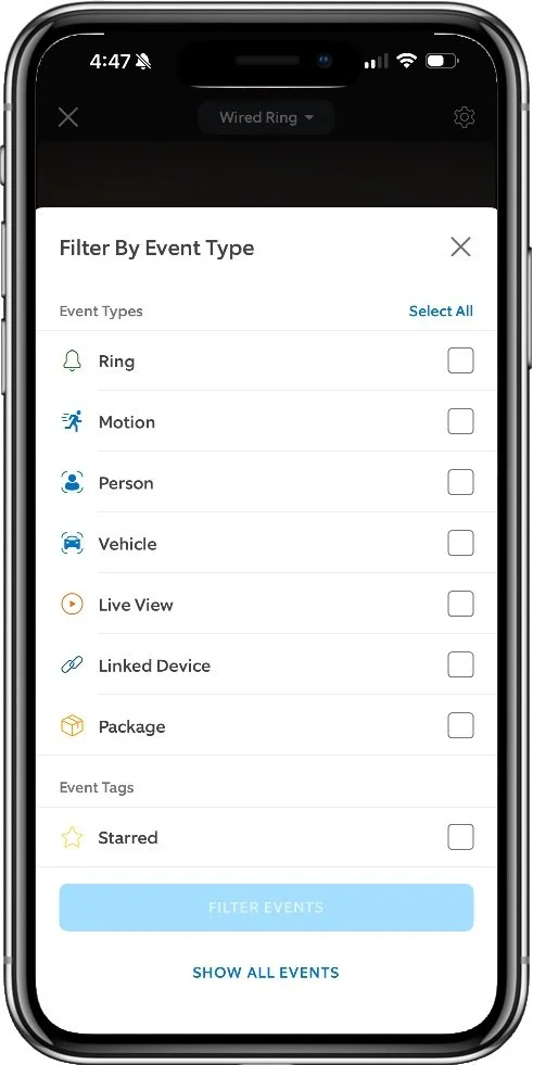 Ring event filtering options in the app