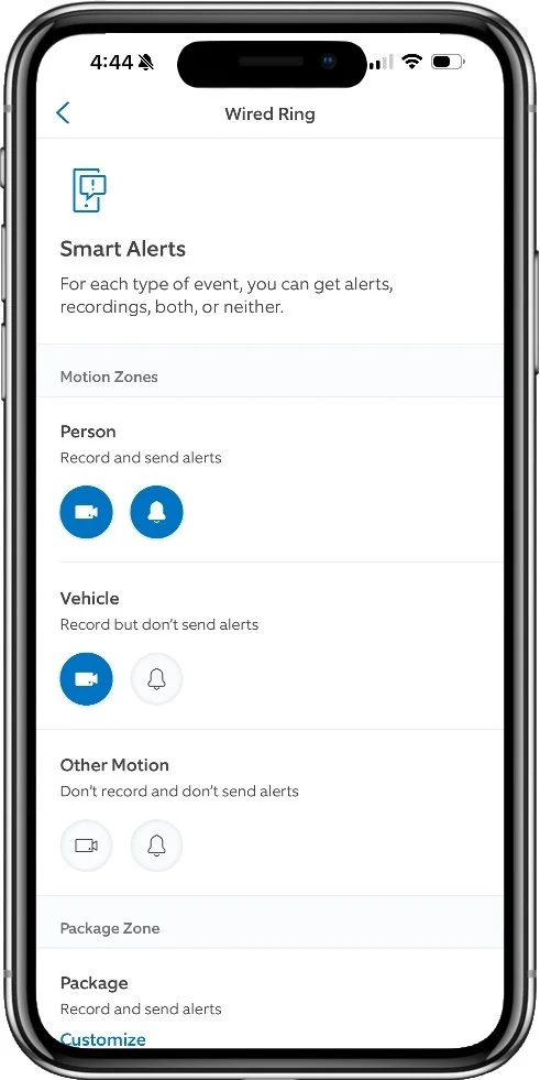 Ring app alerts configuration screen