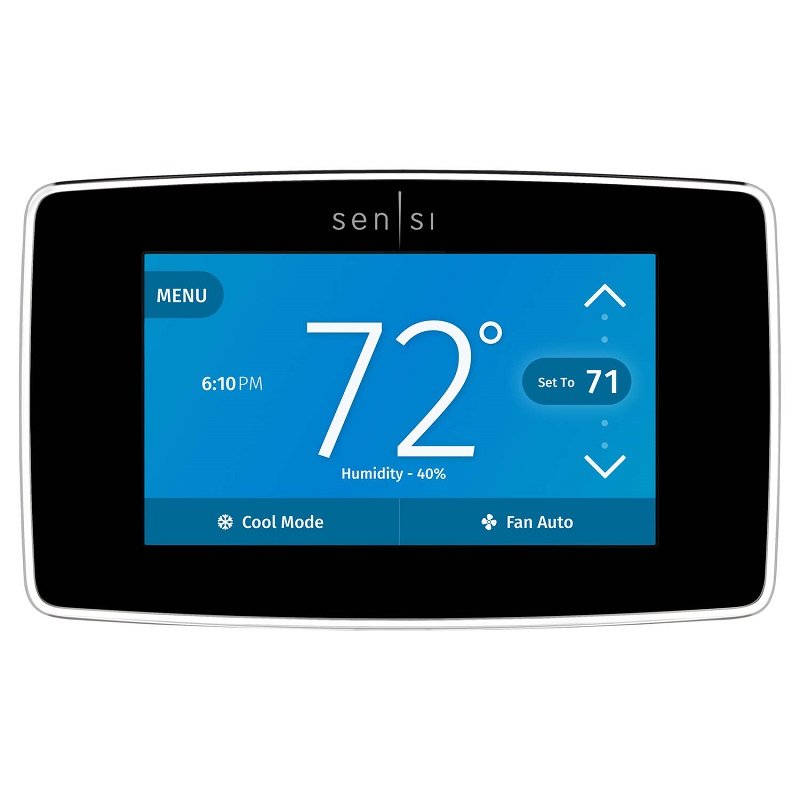 Emerson Sensi Touch ST75★★★★✩ - ✔  Supports Alexa, Google Assistant, HomeKit, SmartThings✔  2.4GHz Wifi✔  24V with C-wire only✔  Color touch screen✔  Energy star certified✘  White only✘  Poor support