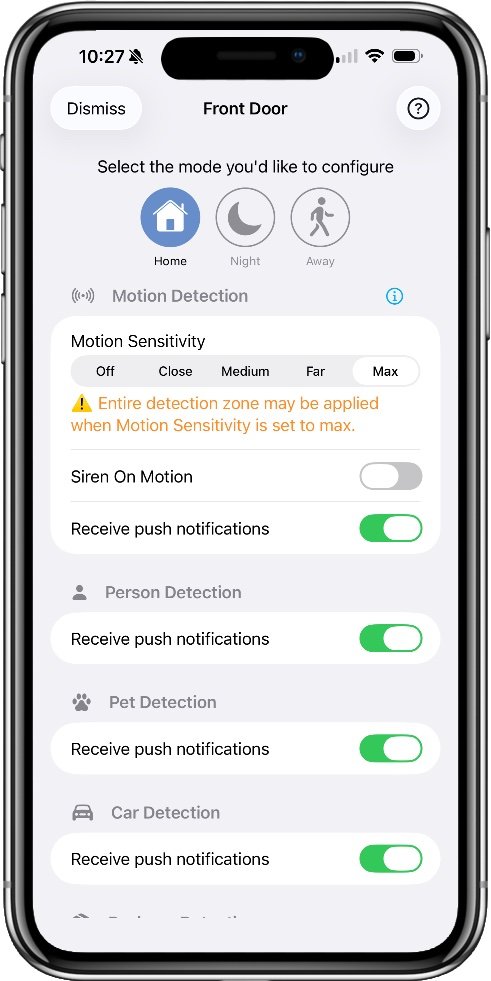 Swann app modes screen for adjusting notifications