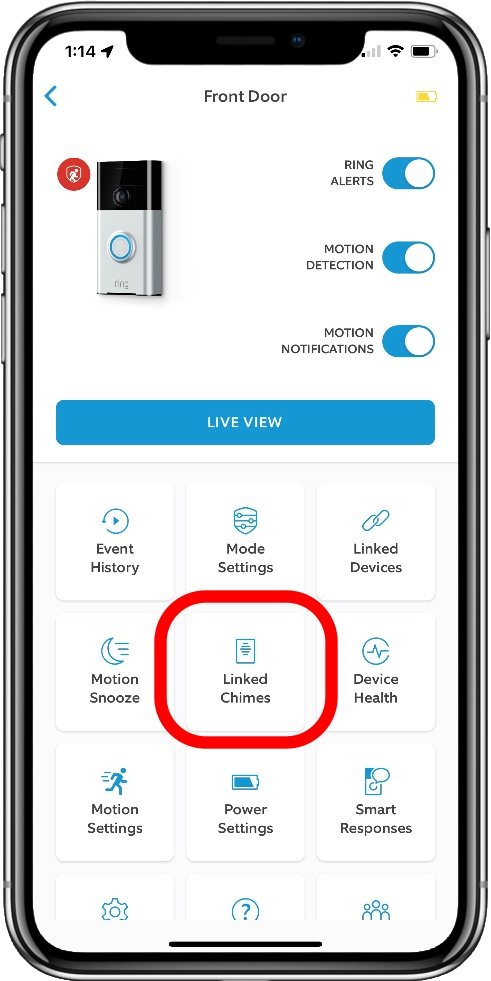 Screenshot of the Linked Chimes button for a Ring doorbell