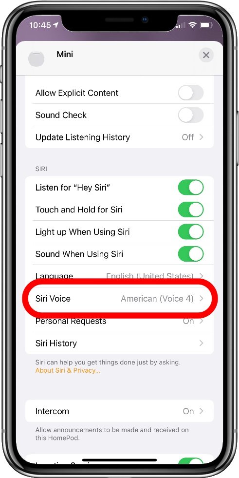 Language settings for a HomePod in the Apple Home app
