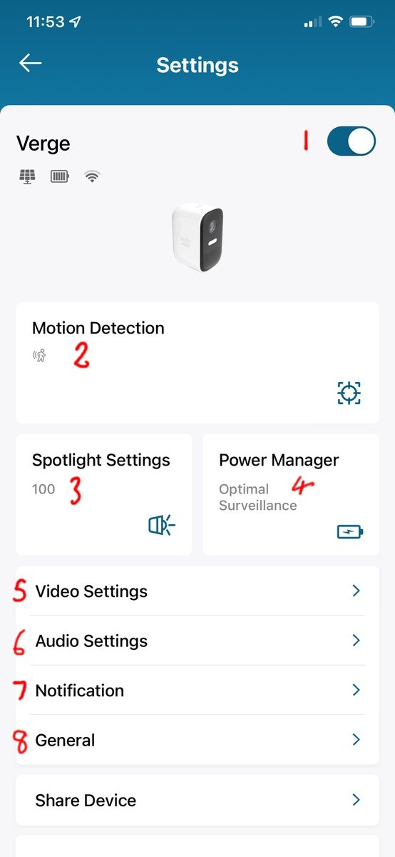 Screenshot of eufy app camera settings