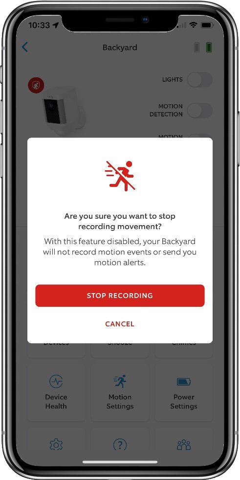 Screenshot of the Stop Motion Recording dialog box in the Ring app