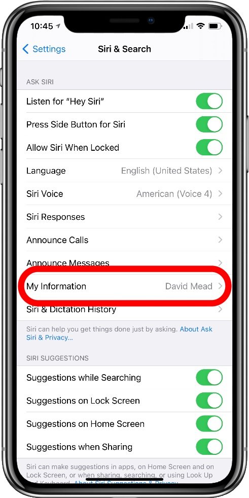 Screenshot of the My Information option in the Settings app