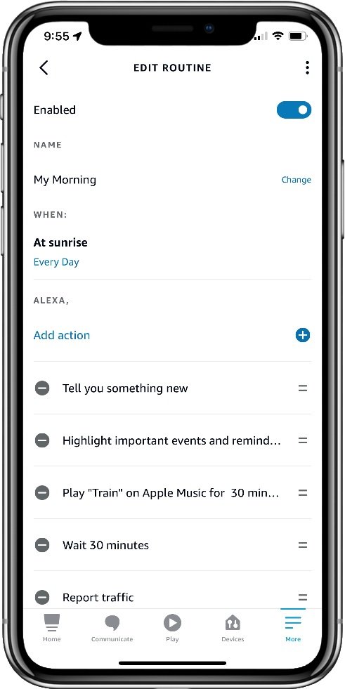 A screenshot of the Alexa app showing a completed routine