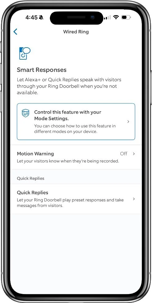 Ring app smart responses screen