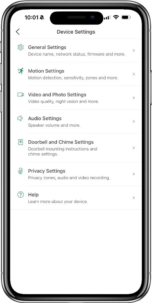 blink doorbell main settings screen