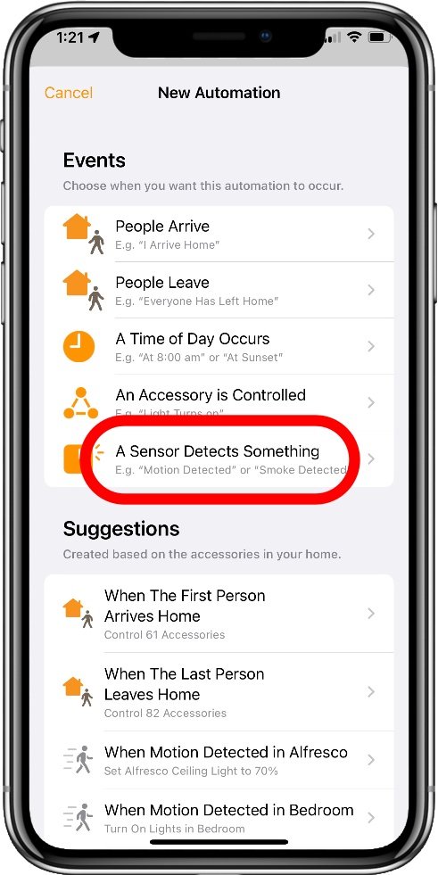 Apple Home app automation screen showing where to find sensor triggers