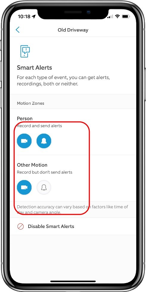 ring app screen showing where to configure the smart alerts options