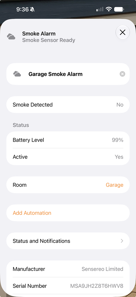 Screenshot of the Sensereo MS-1 in Apple Home