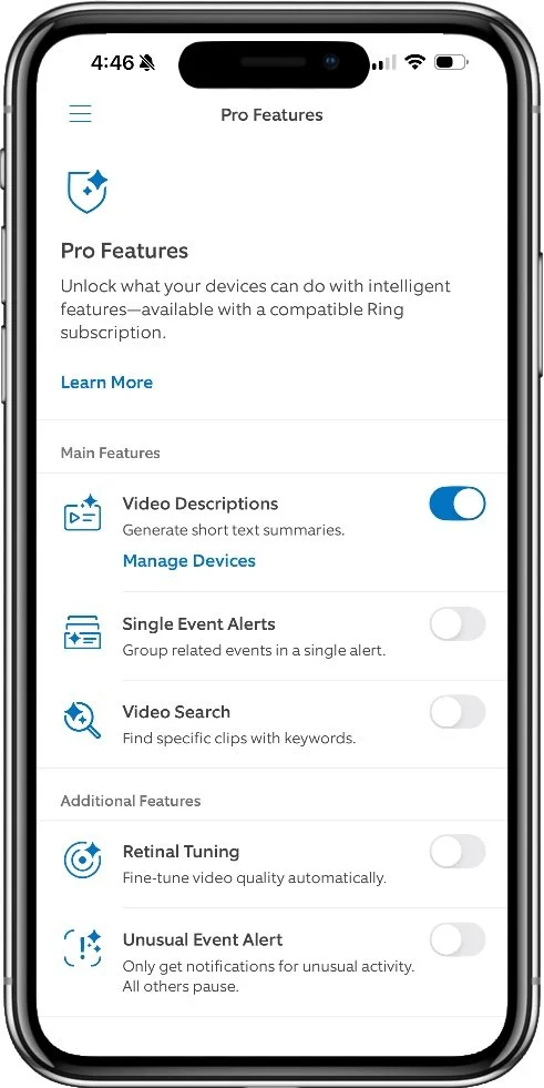 ring app AI options configuration
