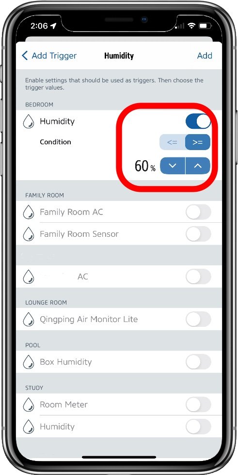 Eve app screenshot showing the sensor trigger conditions