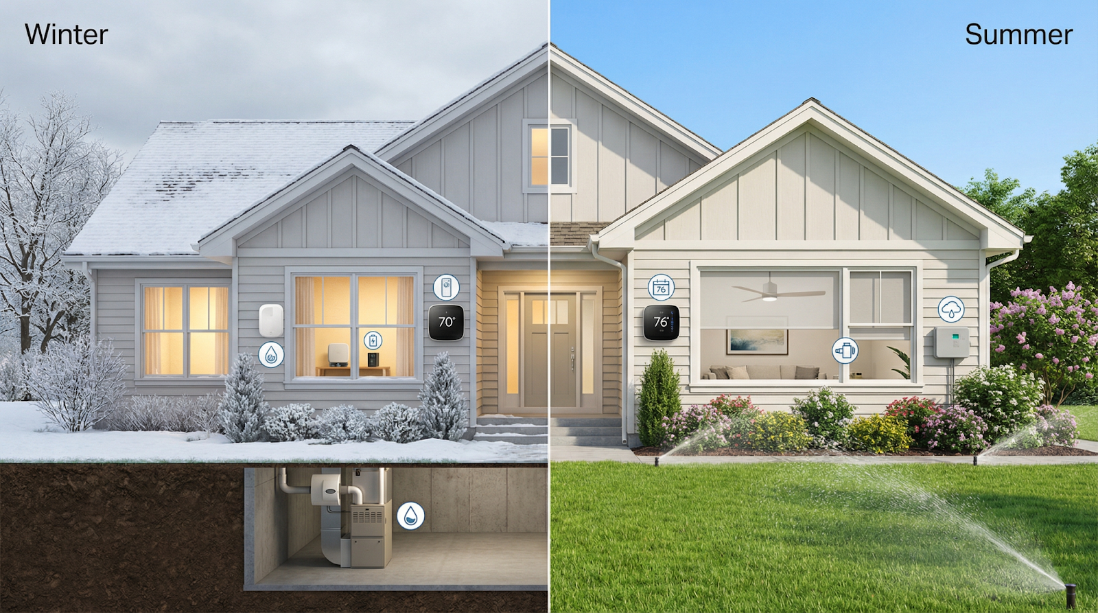 split screen view of house in summer and winter highlighting smart devices