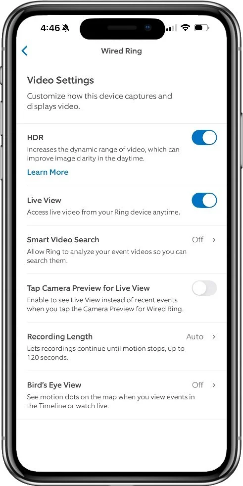 Ring app video settings