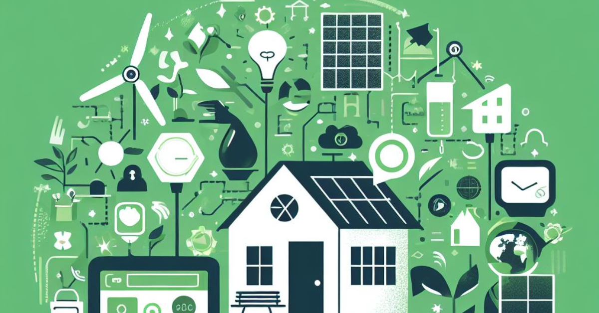 An illustration of various eco technologies surrounding a house on a green background