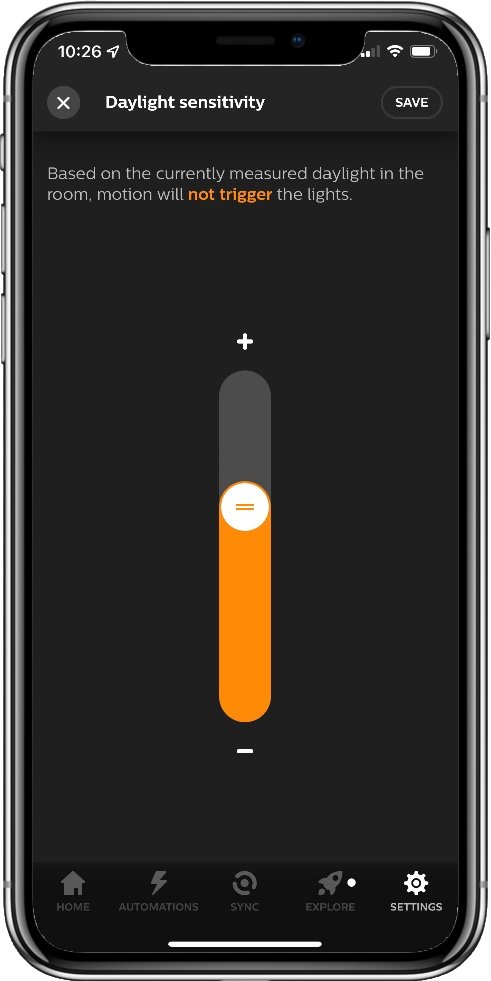 Screenshto of the Hue app showing light sensitivity settings
