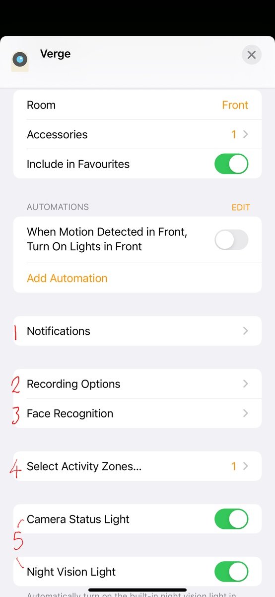 Screenshot of apple home app camera settings
