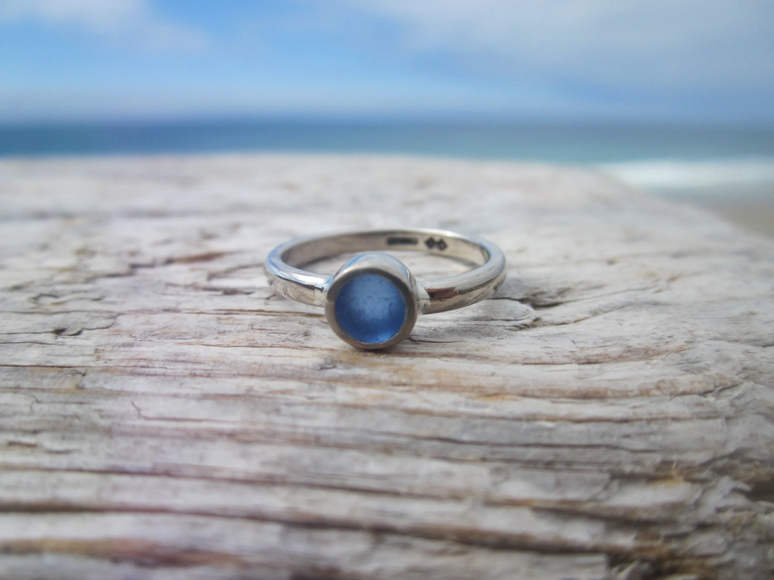 sea glass ring Cornish solid silver handmade circle blue recycled