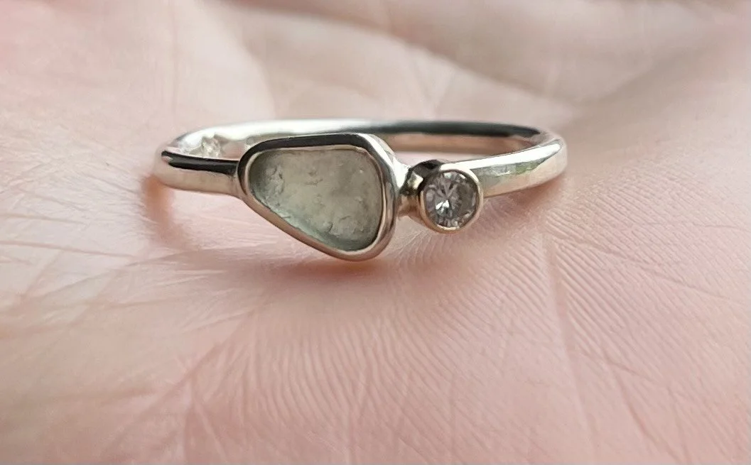 sea glass moissanite ring white gold aqua cornish sea glass smooth tintagel