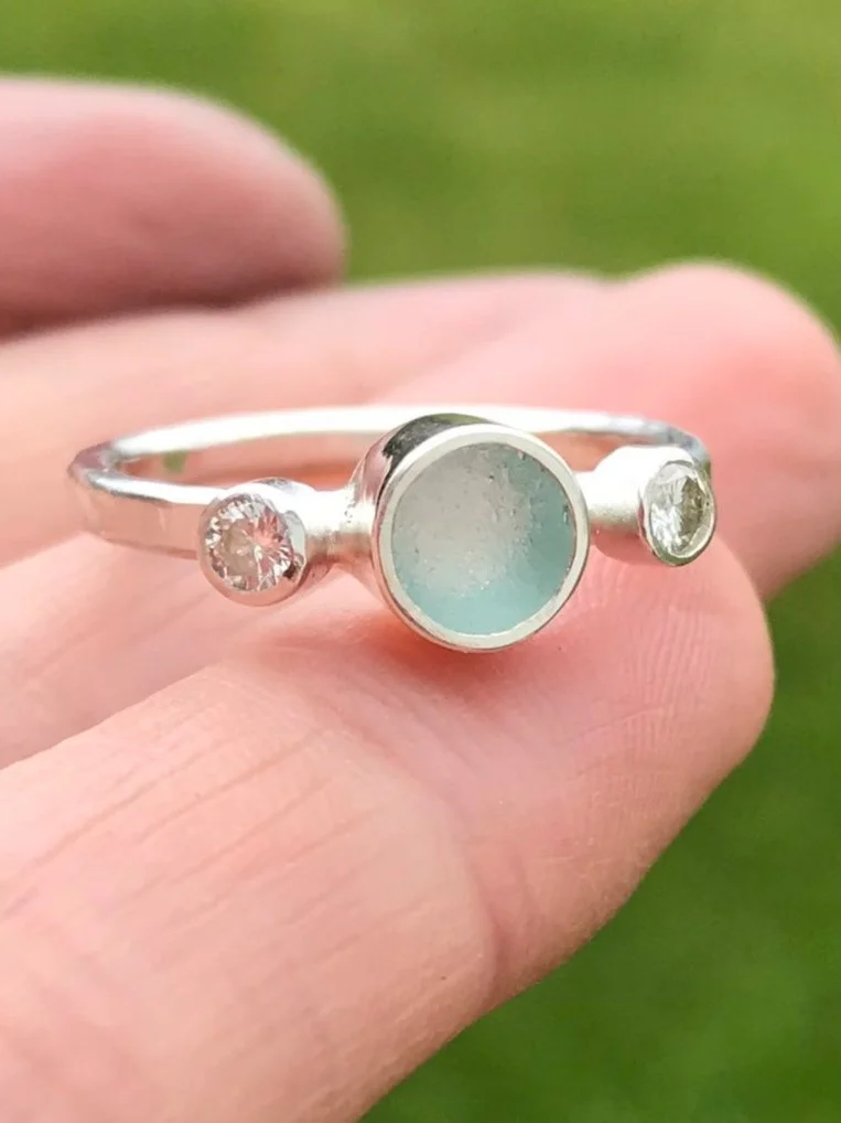 sea glass engagement ring moissanite aqua Cornish sea glass recycled silver or ethical lab created diamonds
