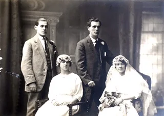 Sarah on the right on her wedding day with her sister Lizzie as bridesmaid. 