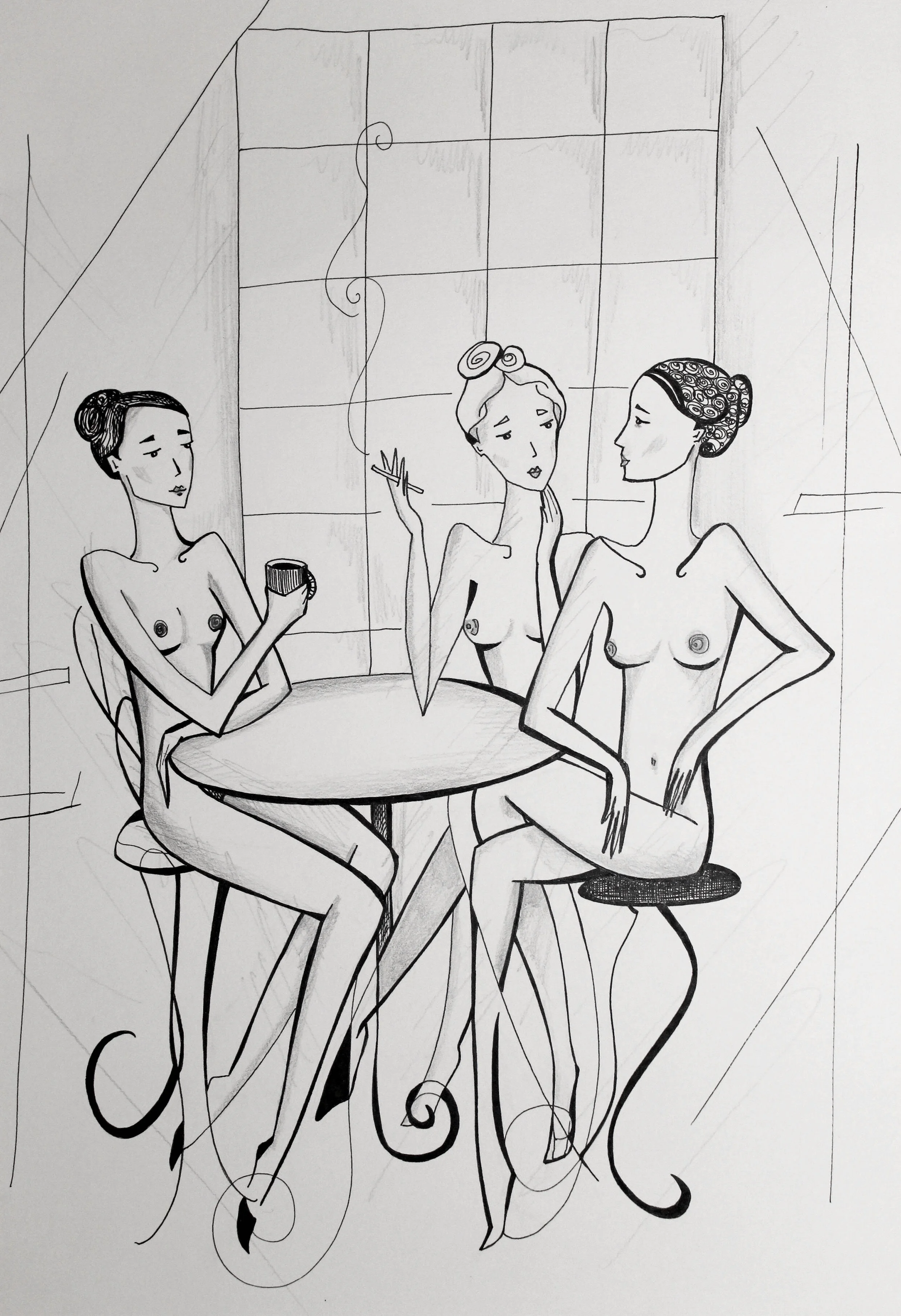 Painting Models on a Break 2019 | Ink & Pencil on Paper | Dim: A4
