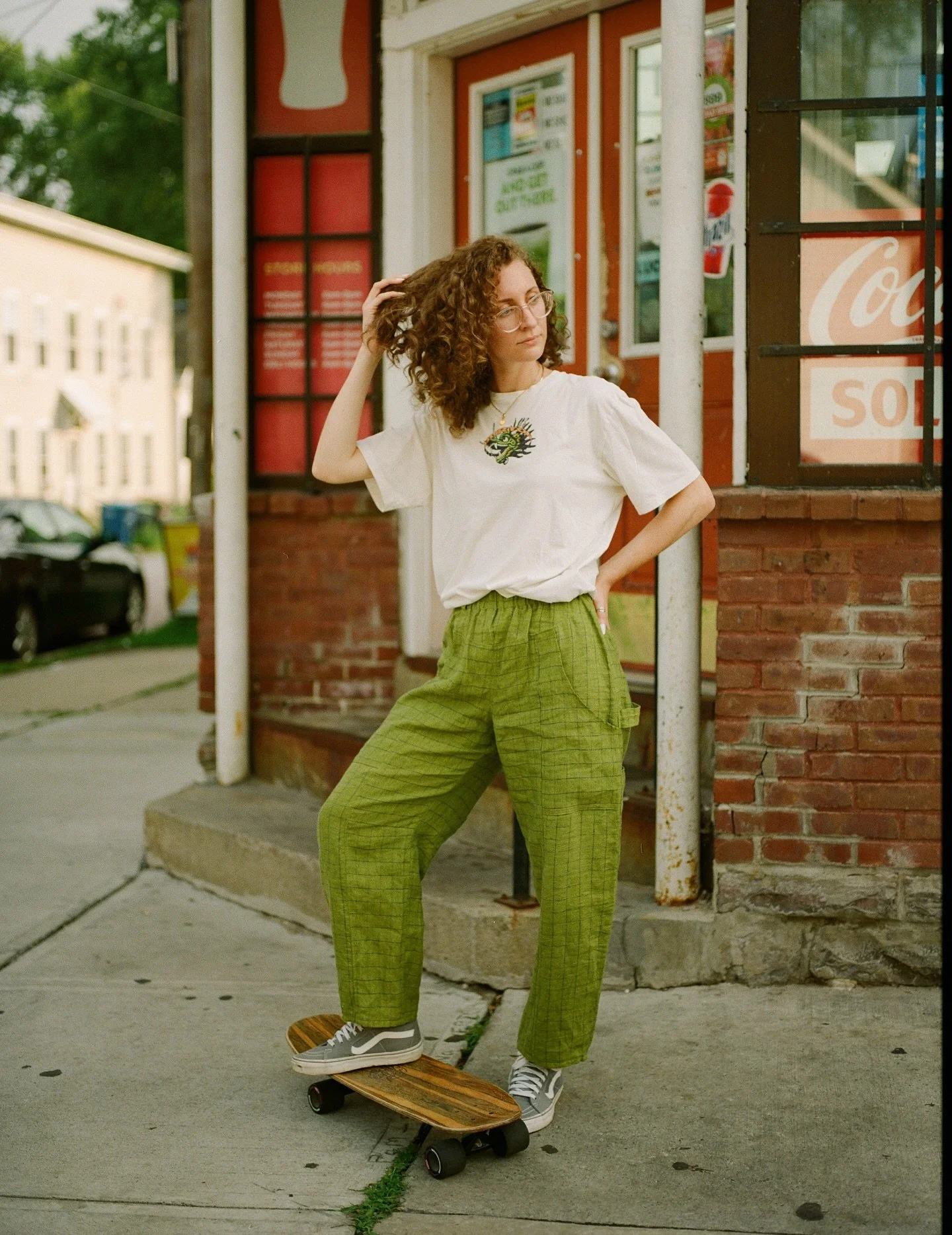 Audrey captured on #film in Matcha Linen #CurryPants 🐲🐉
&bull;
These are a personal favorite and an absolute staple in my closet these days, but no one makes them look cooler than @a.plante 🍃
&bull;
I think I have just enough of this material to s