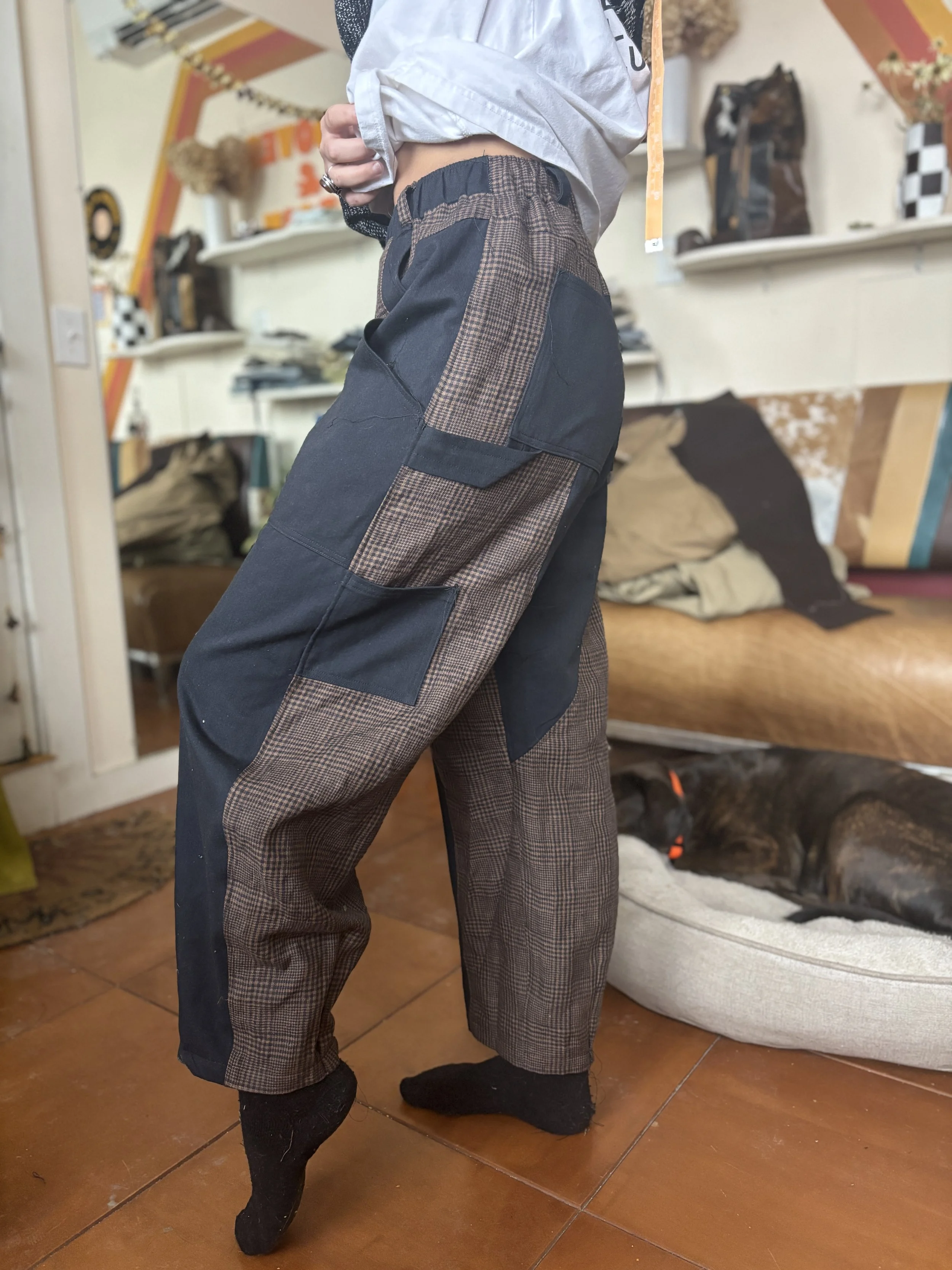 Curry Pants- Brown Plaid Linen and Faded Black Twill Mix (S/M)