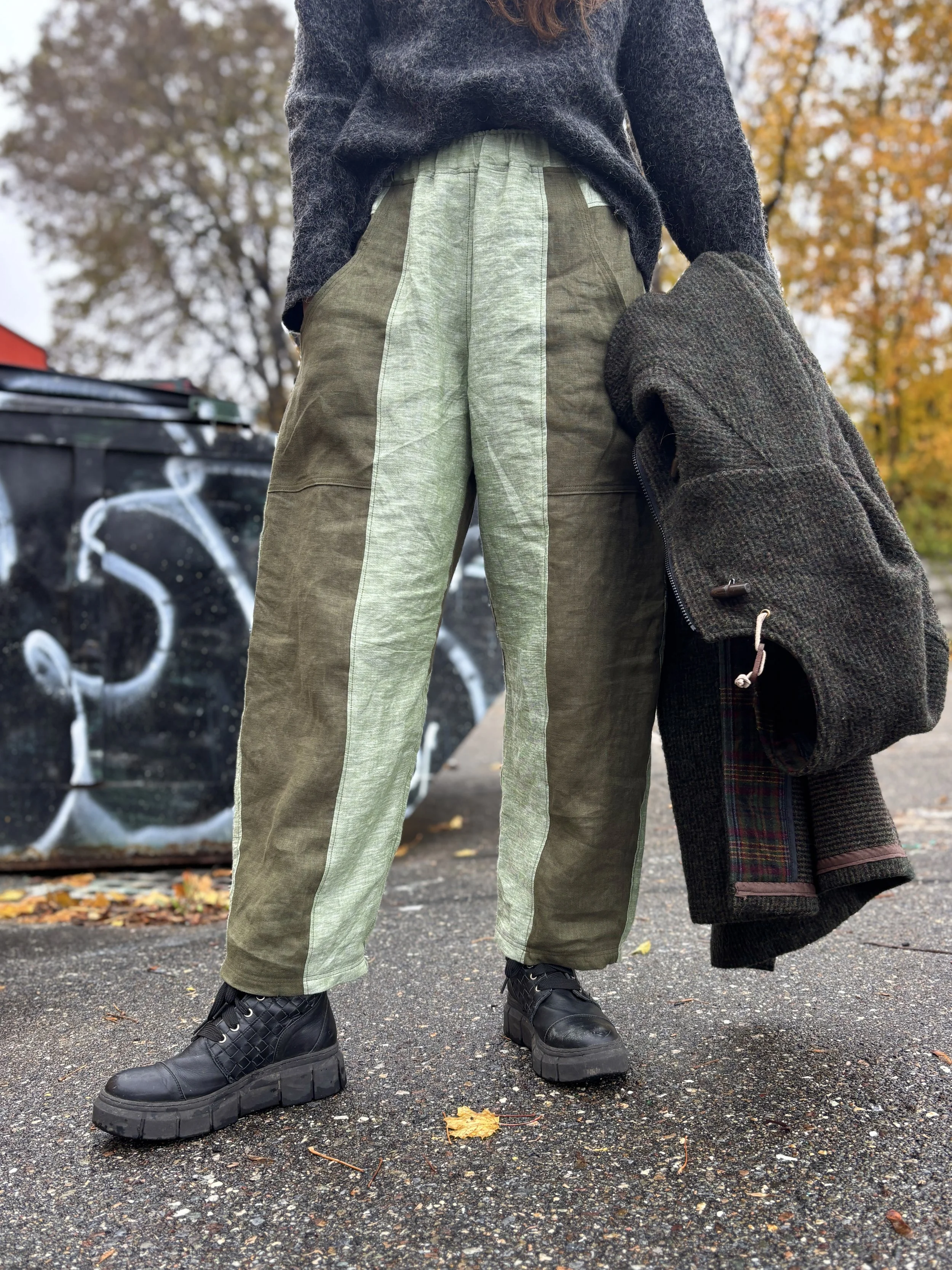 Curry Pants - Olive and Dark Olive Green Irish Linen