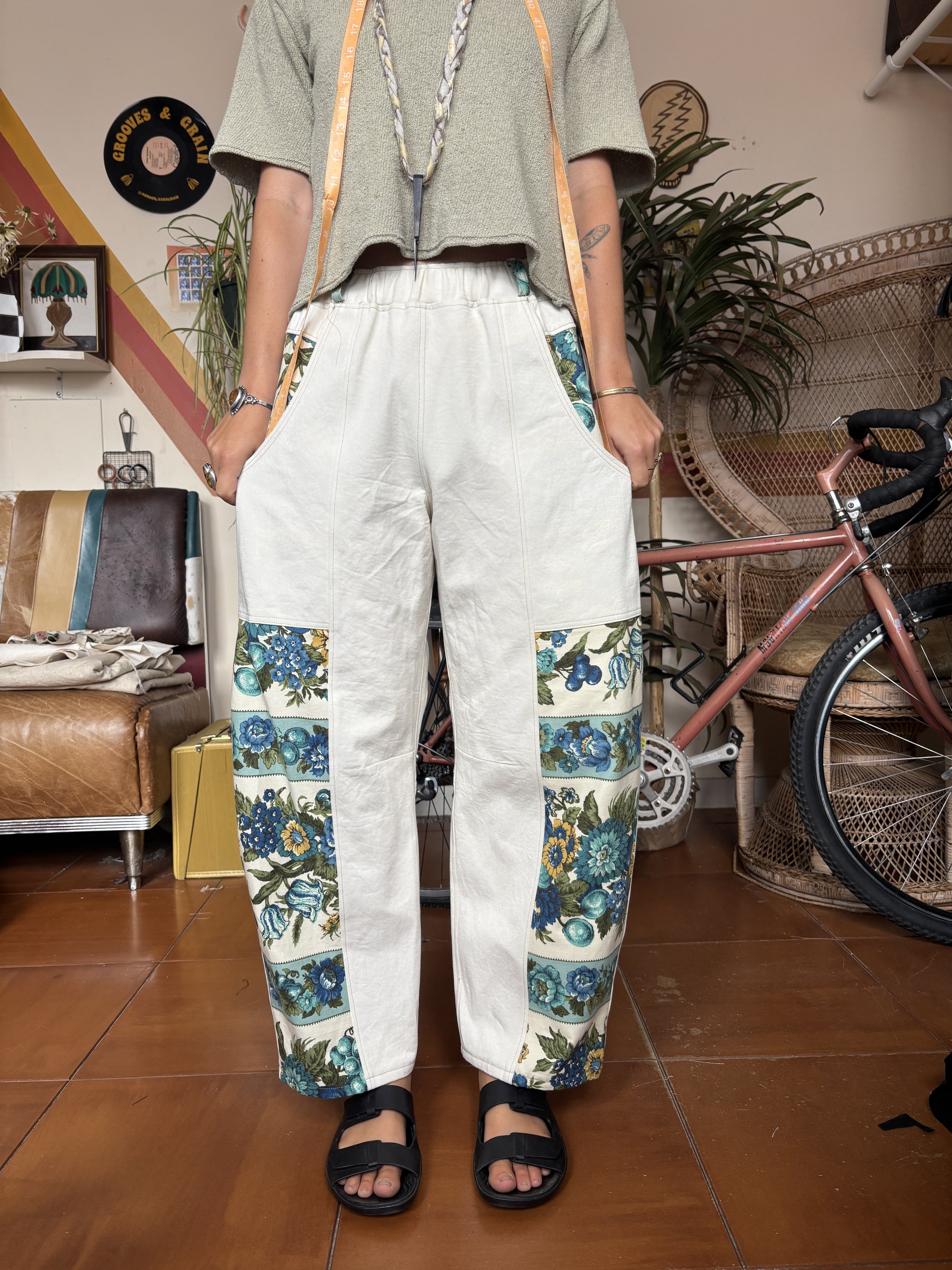Curry Pants- Fruity Florals and White Denim