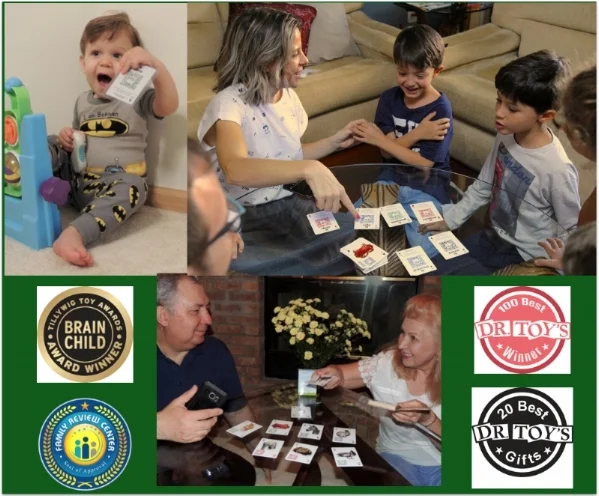 Photo: Young ones and adults playing with the Linguacious™ vocabulary flashcards