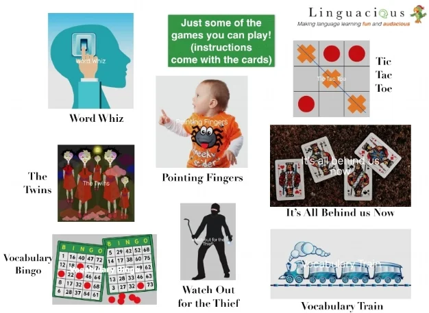 Photo: Examples of the games that learners can play with the Linguacious™ vocabulary cards (full instructions can be found on their website ).