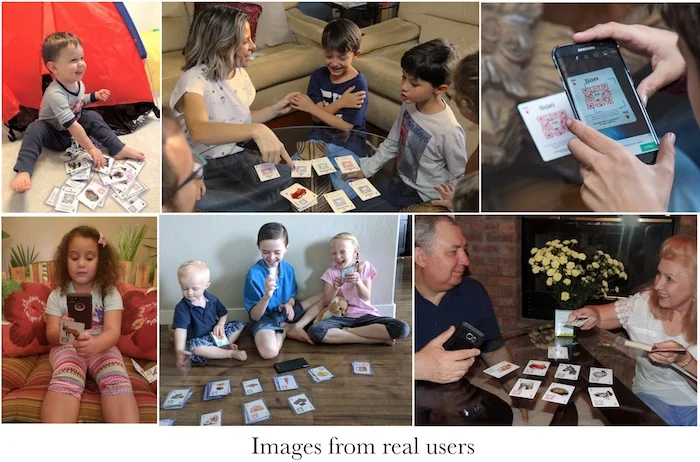 Kids (and adults!) playing the Linguacious flashcard game to learn new vocabulary in a second language.