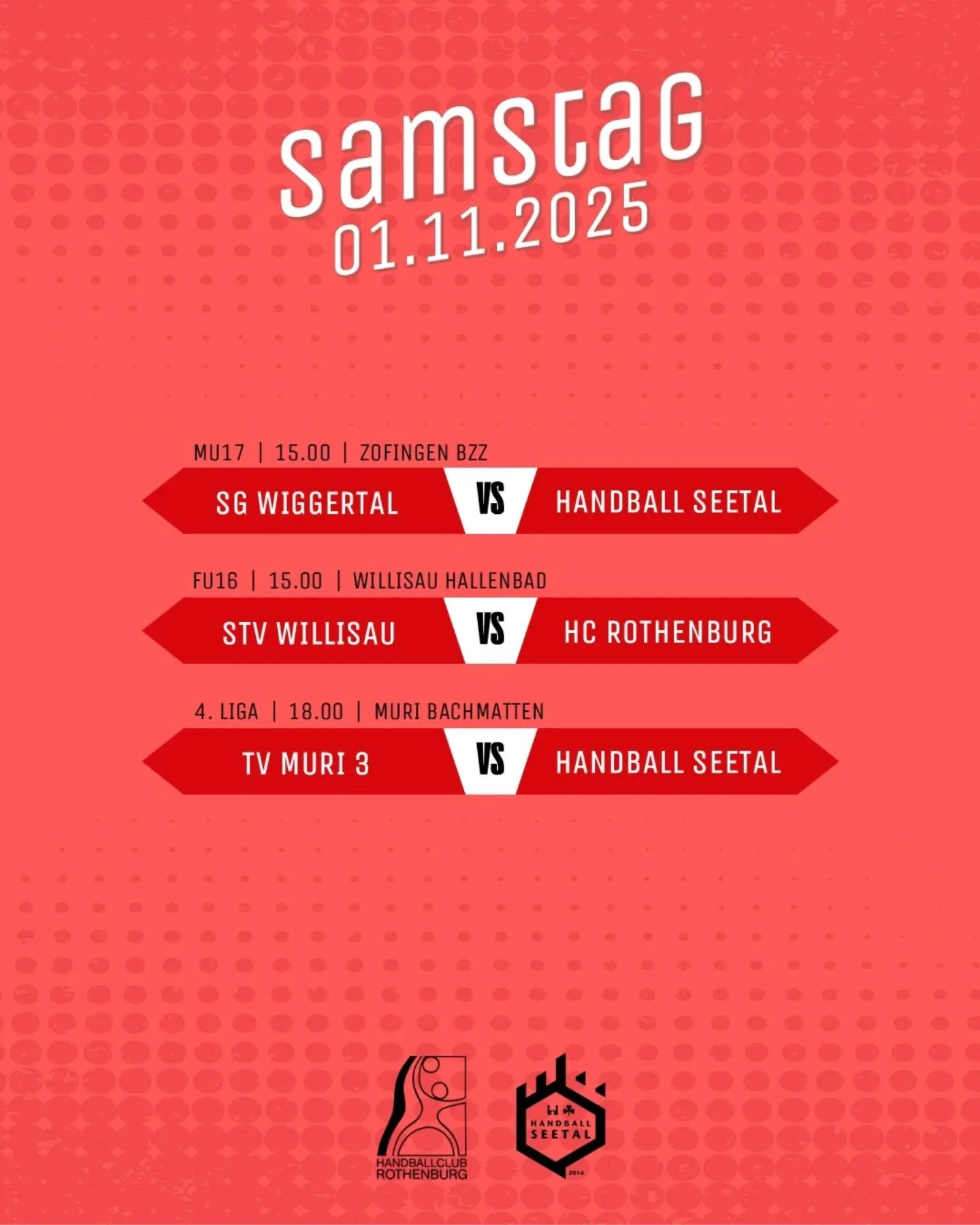 Vollgepackte Handballwoche!

Am Samstag und Sonntag geht es um wichtige Meisterschaftspunkte, unter anderem im Spitzenspiel der Damen oder am Tabellenende der Herren.
Unter der Woche wird im Cup gespielt, damit die n&auml;chste Runde erreicht werden 