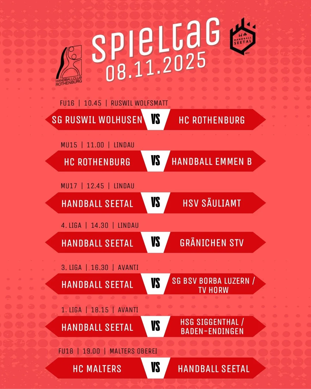 Ein voller Handball-Samstag erwartet uns morgen! 7 Spiele verteilt auf Ruswil, Malters, Hochdorf und Rothenburg.

Wir freuen uns dich in den Hallen anzutreffen!

#hopphcr
#hoppseetal
#handballset1981