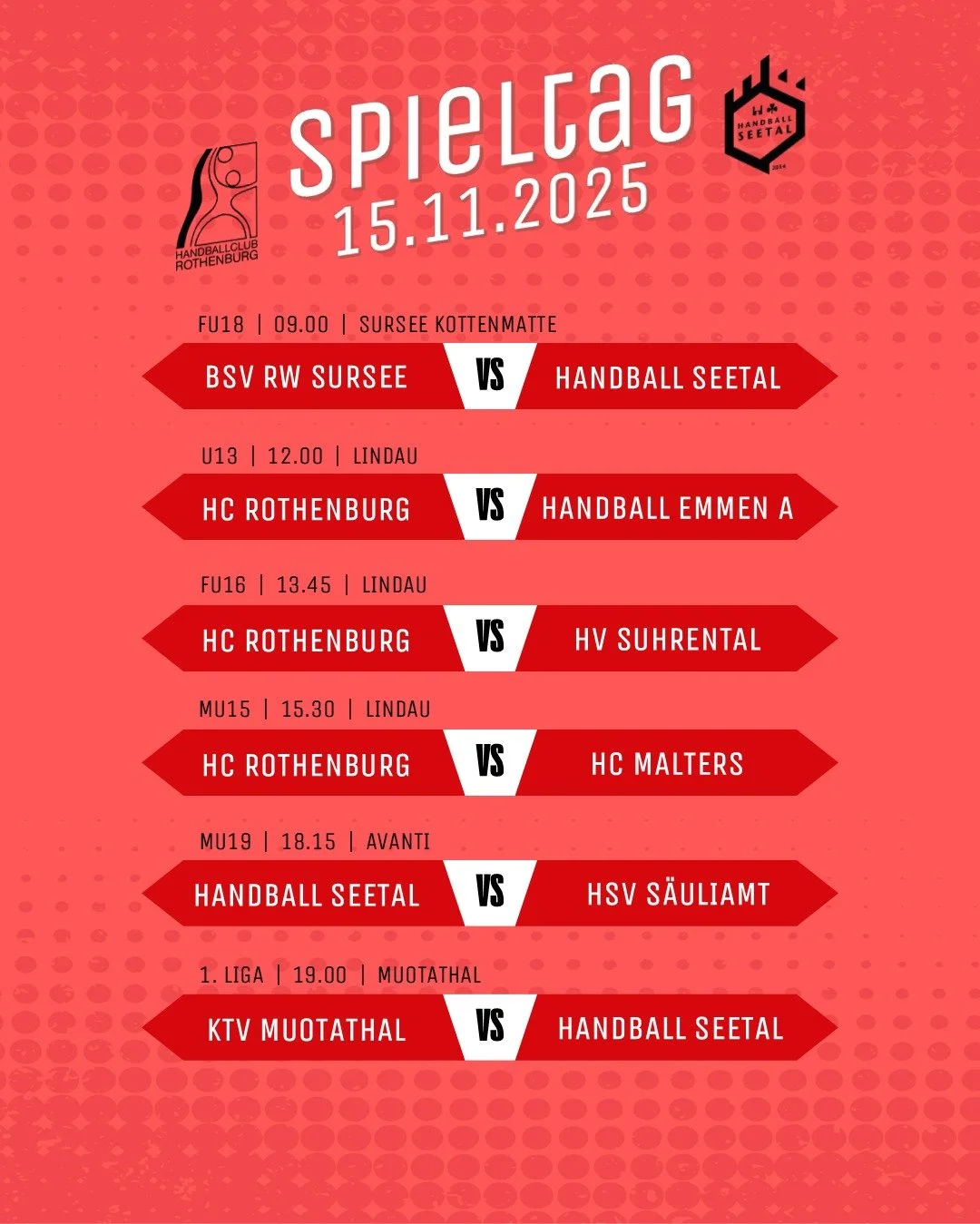 Volles Programm am Wochenende | Am Samstagmorgen startet der Handballtag in Sursee und endet am Abend mit den Erstligisten im Muotathal.

Am Sonntag findet das j&auml;hrliche Schulhandballturnier in der Lindau statt!

Wir freuen uns auf viele Fans in