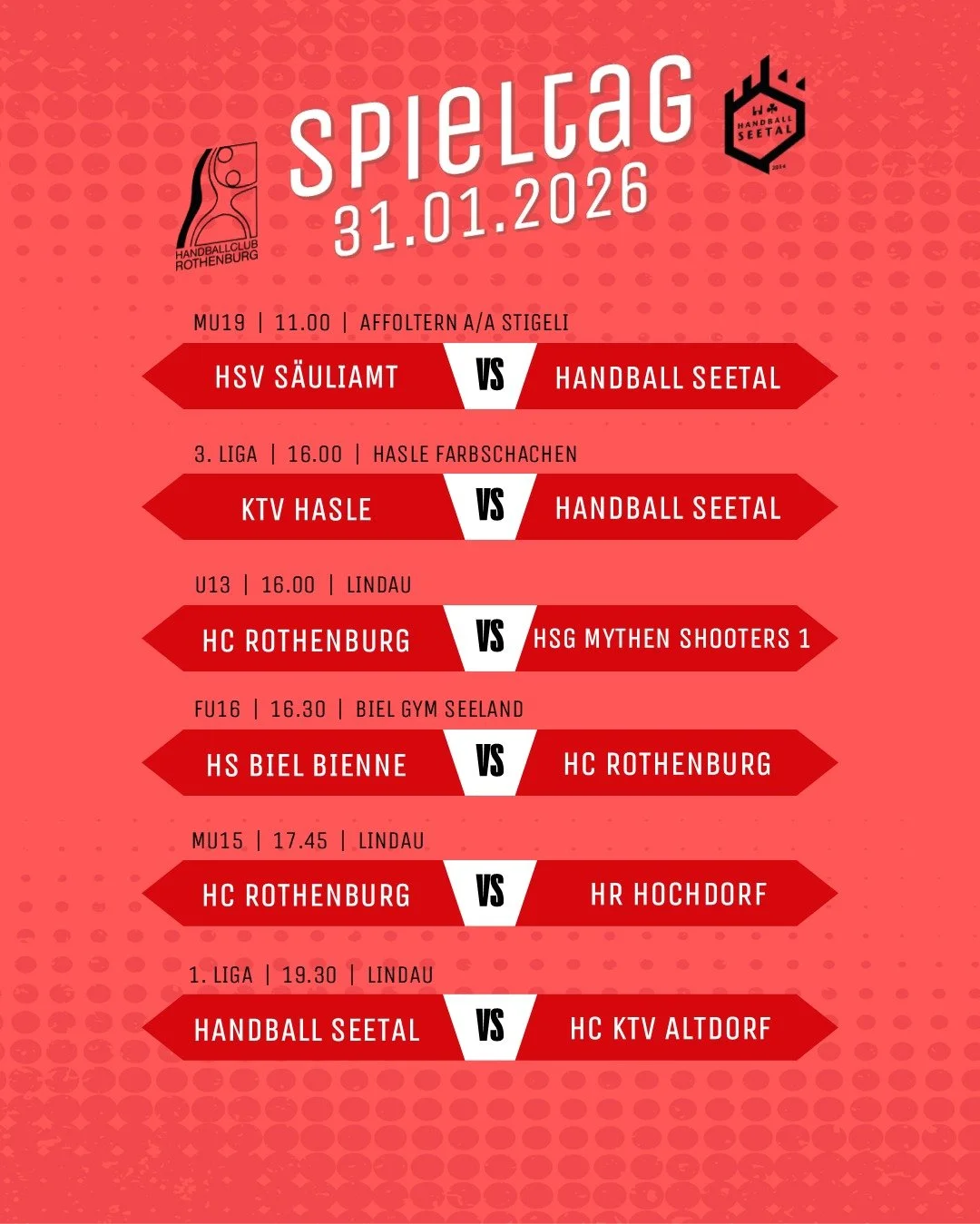 Der Samstag ist vollgepackt mit Handball in Affoltern a/A, Hasle, Biel und in der heimischen Lindau.

Am Sonntag reist die FU18 nach Genf und spielt um weitere Punkte.

Wir freuen uns euch in den Hallen zu sehen!

#hopphcr
#hoppseetal
#handballset198