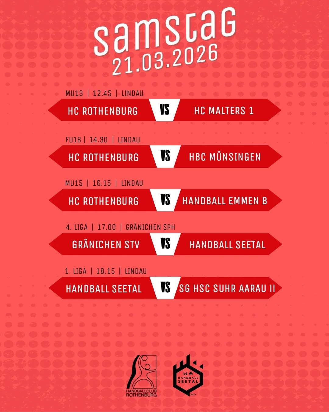Am Samstag wird ab dem Mittag Handball in der Lindau gespielt, am Sonntag in Thun, Baden und Hochdorf.

Beim letzten Heimspiel unserer 1. Liga begr&uuml;ssen wir unsere Sponsoren zu einem Ap&eacute;ro, sowie die Club81-Mitglieder in der Lindau. 

Wir
