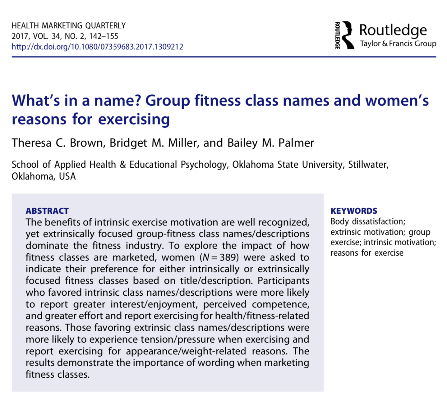Abstract fra studien: «What’s in a name? Group fitness class names and women’s reasons for exercising.»