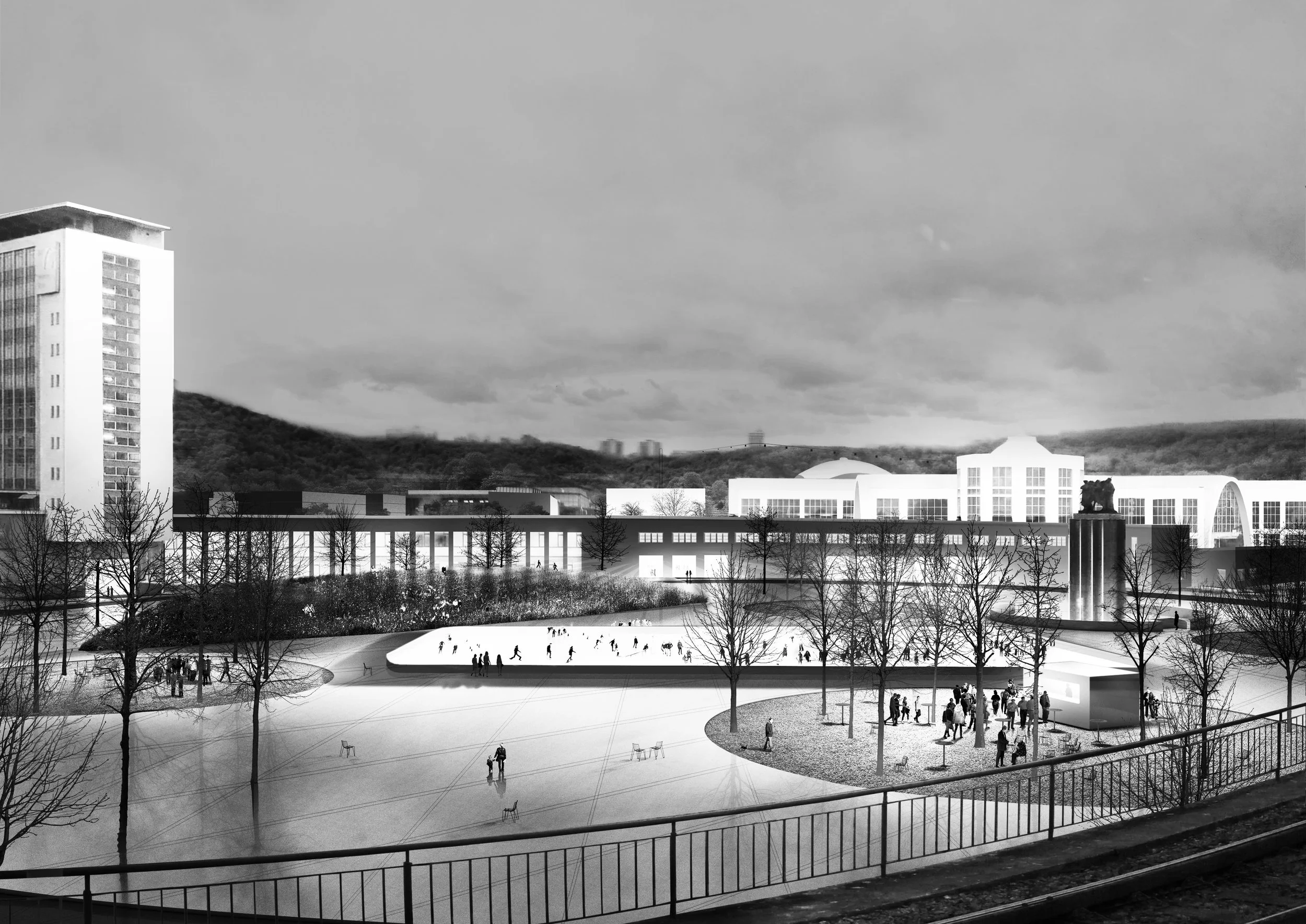 The representative pre-space of the historical entrance will be restored to a full public space. The value of the public space is not only the area itself, but also the surrounding buildings. In this case, it is an administrative building with a semi-circular representative entrance. Significant pavilion A, the pavilion of the city of Brno, etc.